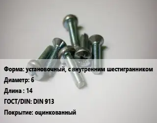 Винт установочный, с внутренним шестигранником 6х14 DIN 913 оцинкованный